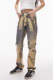 Ouro casual bronzeamento patchwork cintura média jeans reto