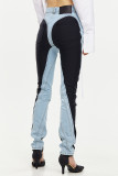 Babyblaue, legere, kontrastierende Patchwork-Jeans aus Röhrenjeans mit hoher Taille