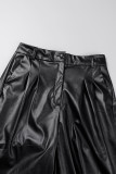 Schwarze, lässige, solide Patchwork-Hose mit normaler, gerader, einfarbiger Hose und hoher Taille