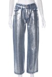 Silberfarbene, lässige, bronzierende Patchwork-Jeans mit mittlerer Taille und geradem Schnitt