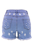 Deep Blue Street Solid Hollowed Out Pocket Buttons Zipper Mid Waist Hole Skinny Ripped Denim Shorts