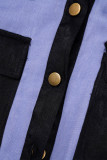 Blue Casual Color Block Bandage Patchwork Pocket Buckle V Neck Long Dress Dresses