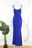 Vestido de noche azul sexy formal sólido sin espalda con abertura y tirantes finos