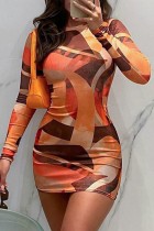 Oranje casual print basic jurken met ronde hals en lange mouwen