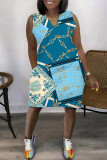 Blue Casual Print Basic O Neck Sleeveless Dress Dresses