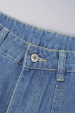 Blå Casual Solid Patchwork Raka denim jeans med hög midja