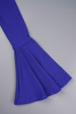 Blaue, lässige, solide Patchwork-Kleider mit Wickelrock und O-Ausschnitt