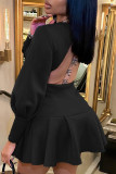 Svarta Casual Solid Backless O-hals långärmade klänningar