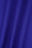 Blauwe casual effen patchwork O-hals gewikkelde rokjurken