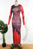 Красные повседневные базовые платья с круглым вырезом и длинным рукавом с принтом