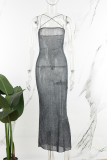 Черное сексуальное длинное платье с вырезом на спине и бретельками с принтом Платья
