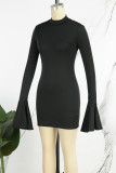 ブラック カジュアル ソリッド パッチワーク O ネック ラップ スカート ドレス