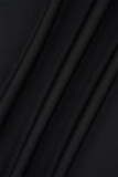 Zwarte casual effen patchwork O-hals gewikkelde rokjurken