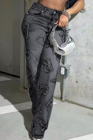 Black Casual Patchwork Basic Regular High Waist Raw Trim Letter Pattern Denim Jeans