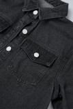 Черный повседневный однотонный лоскутный кардиган с отложным воротником и длинными рукавами, обычная джинсовая куртка