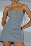 Gray Blue Sexy Casual Solid Backless Strapless Sleeveless Two Pieces