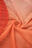 Vestidos casuales de manga larga con cuello en O y pliegues con estampado de patchwork y cambio gradual naranja