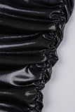 Zwarte sexy effen rugloze vouwjurk met spaghettibandjes en gewikkelde rok