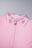 Roze casual skinny jumpsuits met geruite patchwork en ritssluiting met omslagkraag