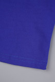Blauwe casual effen patchwork O-hals gewikkelde rokjurken