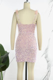 Roze sexy patchwork pailletten veren rugloze spaghettibandjes mouwloze jurk jurken