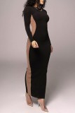 Черные повседневные лоскутные контрастные платья с круглым вырезом и длинными рукавами