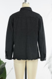Black Casual Solid Patchwork Cardigan Turndown Collar Long Sleeve Regular Denim Jacket