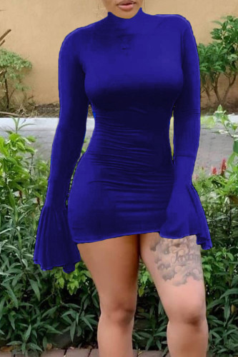 ブルーカジュアルソリッドパッチワークOネックラップスカートドレス
