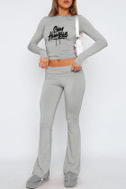 Grey Casual Print Basic O Neck Long Sleeve Two Pieces