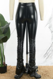 Calça preta casual sólida com fenda dobra skinny cintura alta convencional cor sólida