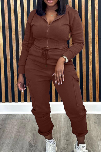 Brown Sportwear Casual Hooded Collar Long Sleeve Crop Jackets And Cargo Pants Two Pieces Sweatsuit Sets