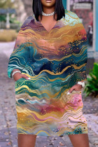 Flerfärgad Casual Print Basic V-hals långärmade klänningar