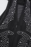 Schwarzes sexy Patchwork-Hot-Drilling-durchsichtiges ärmelloses Kleid mit O-Ausschnitt (mit Höschen)