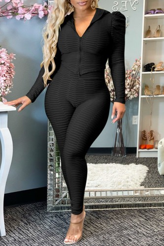 Black Casual Solid Basic Hooded Collar Long Sleeve Two Pieces