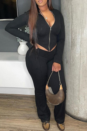 Black Casual Solid Asymmetrical Zipper Collar Long Sleeve Two Pieces