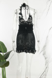 Черный сексуальный однотонный бандажный лоскутный комбинезон с открытой спиной и лямкой без рукавов из двух предметов