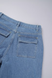 Jeans in denim dritti a vita alta patchwork tinta unita casual blu
