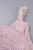 ピンクのセクシーなパッチワーク スパンコール フェザー バックレス スパゲッティ ストラップ ノースリーブ ドレス ドレス