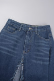 Темно-синие повседневные джинсовые юбки обычного цвета с высокой талией в стиле пэчворк и контрастом