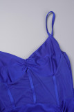 Robe de soirée bleue Sexy, couleur unie, dos nu, fente, bretelles Spaghetti