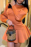 Oranje casual effen rugloze O-hals jurken met lange mouwen
