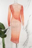 Orange Casual Gradual Change Print Patchwork Fold O Neck Long Sleeve Dresses