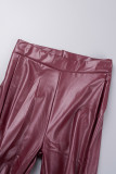 Borgonha casual sólido fenda dobra skinny cintura alta convencional calças de cor sólida