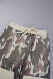 Camouflage Street Camouflage Print Patchwork Draw String Pocket Mesh Straight Mid Waist Straight Full Print Bottoms