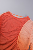 Vestidos casuales de manga larga con cuello en O y pliegues con estampado de patchwork y cambio gradual marrón