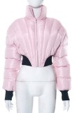 Pink Casual Solid Patchwork Mandarin Collar Outerwear