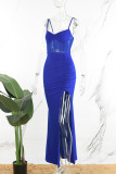 Vestido de noche azul sexy formal sólido sin espalda con abertura y tirantes finos