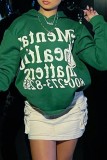 Green Casual Letter Print Basic Hooded Collar Tops