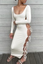 ホワイトカジュアルソリッド包帯くり抜きUネック長袖ドレス
