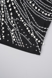 Celebrità nere eleganti abiti con gonna avvolta in patchwork di perforazione calda con perline in rete